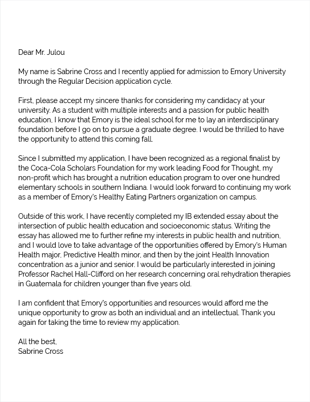 Letter of continued interest example from a student applying regular decision to Emory University