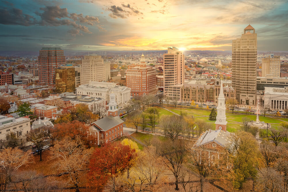 Aerial Downtown New Haven during the fall with sun rays, Yale University