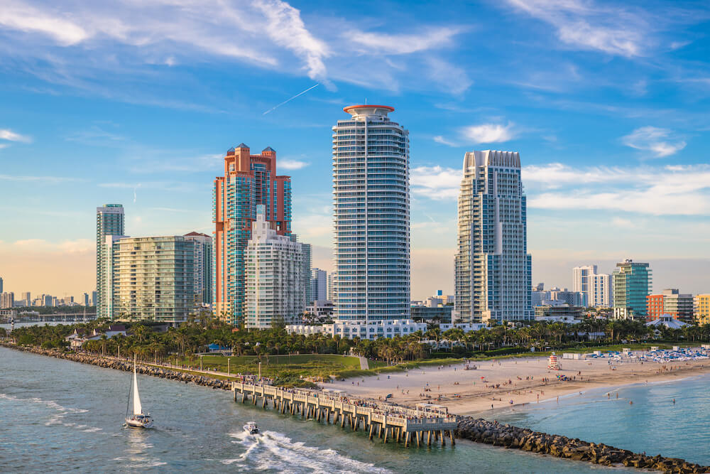 South Beach, Miami, Florida, USA over South Pointe Park. Command Education