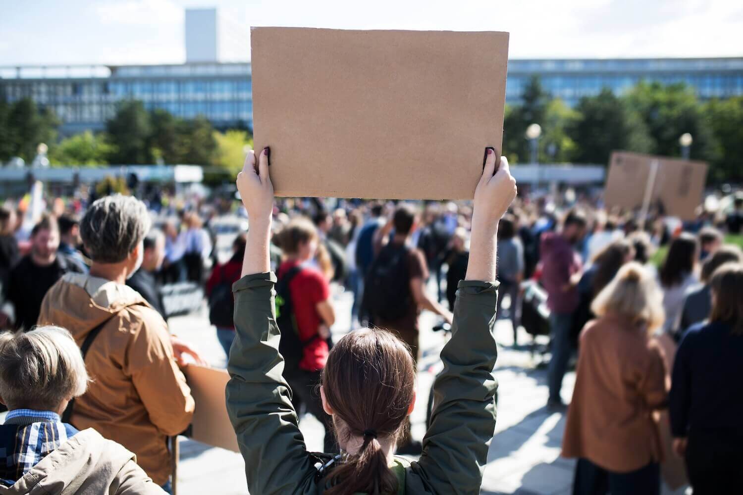 Rear view of people with placards and posters.
