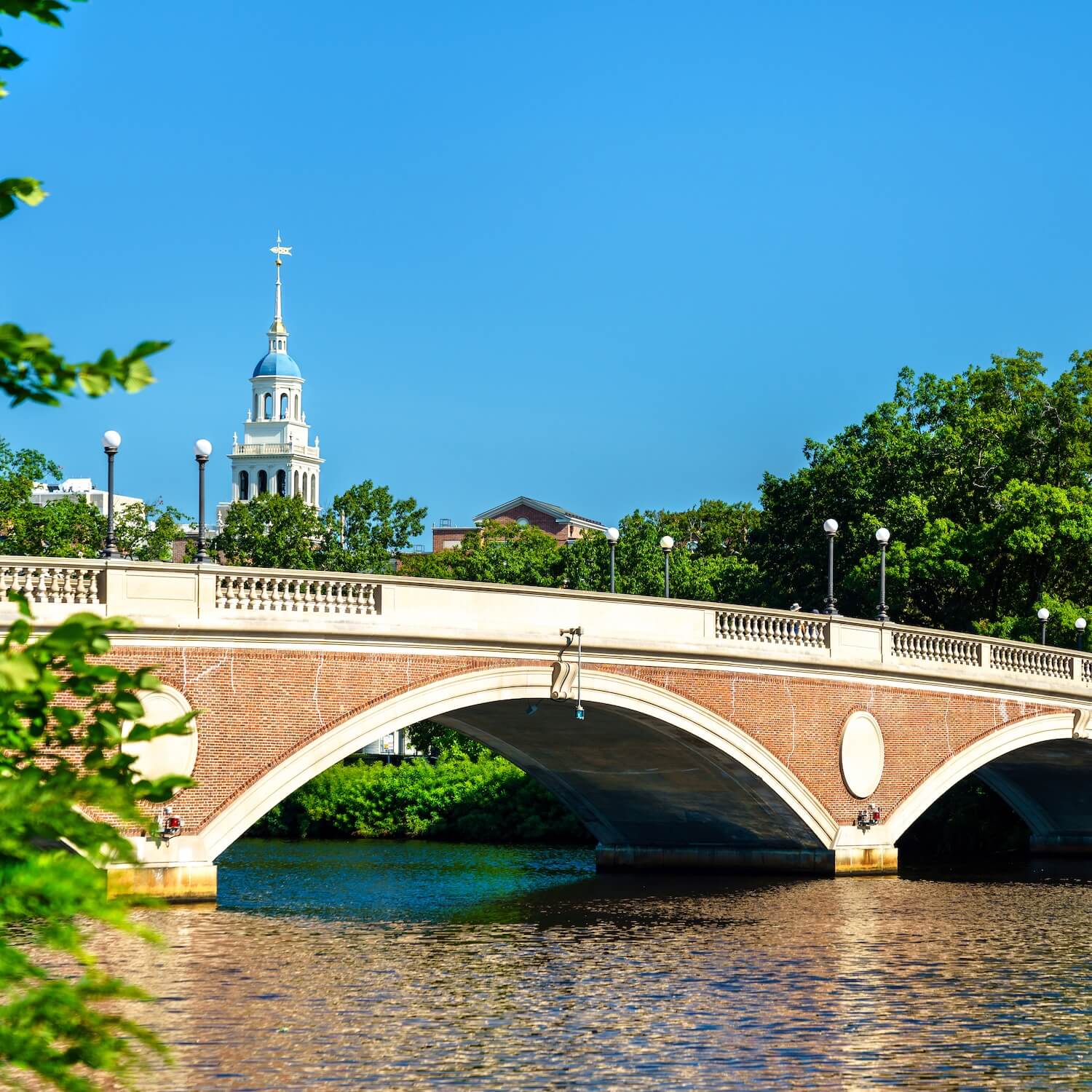 The John W. Weeks Memorial Footbridge spans the Charles River, with Harvard University buildings and a chapel tower in the background on a clear summer day.
