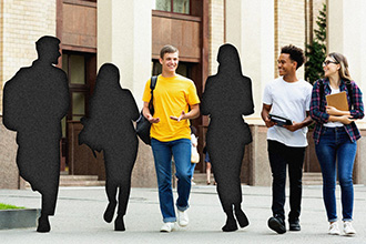 Students walk next to each other, but is visualized as a situation were far fewer students are attending college due to the COVID19 pandemic