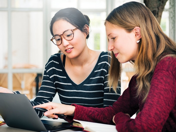 a student and a mentor working together in front of a laptop in an office